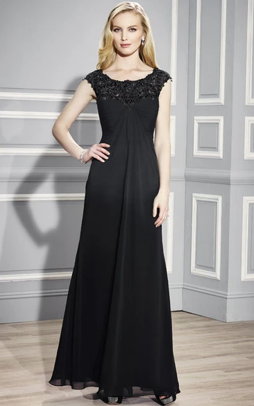 A-Line Empire Cap-Sleeve Scoop Floor-Length Appliqued Chiffon Formal Dress With Zipper Back