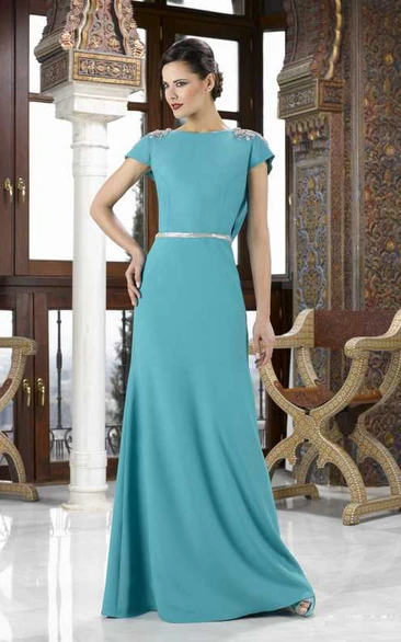 Maxi Beaded Cap Sleeve Jewel Neck Jersey Mother Of The Bride Dress