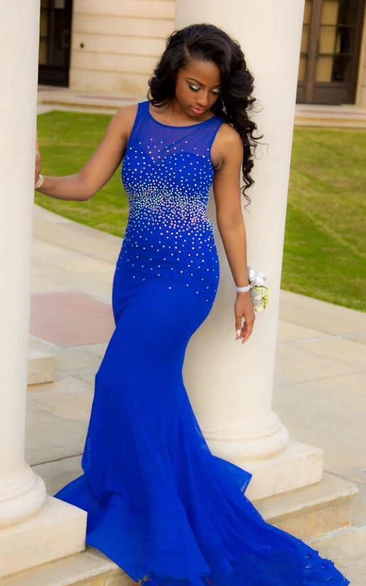 Sexy Royal Blue Mermaid Beadings Prom Dress Open Back