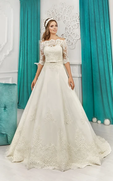 A-line Off-the-shoulder Half Sleeve Appliques Bow Dress