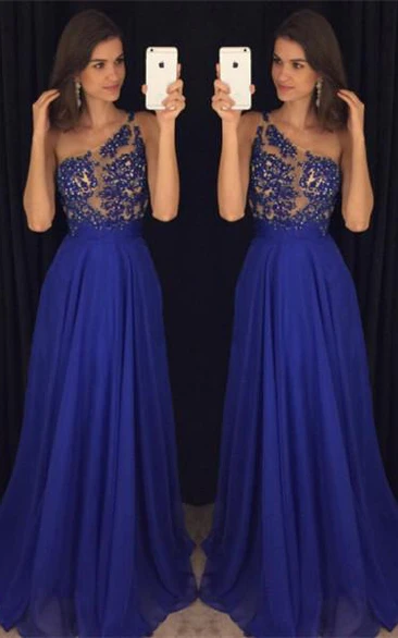 Elegant Royal Blur One Shoulder Prom Dresses Long Chiffon Appliques