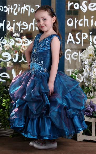 V-Neck Ruched Pick-Up Flower Girl Dress With Crystal Detailing