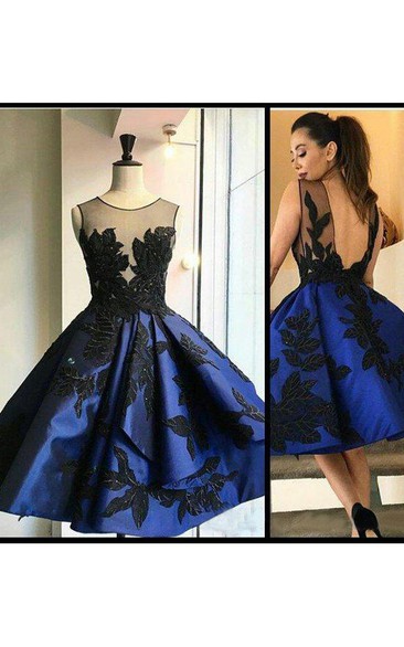 Ball Gown Sleeveless Satin Bateau Deep-V Back Tea-length Homecoming Dress