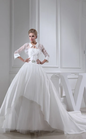 Elegant Pleated 3-4-Sleeve A-Line Dress With Broach and Corset Back