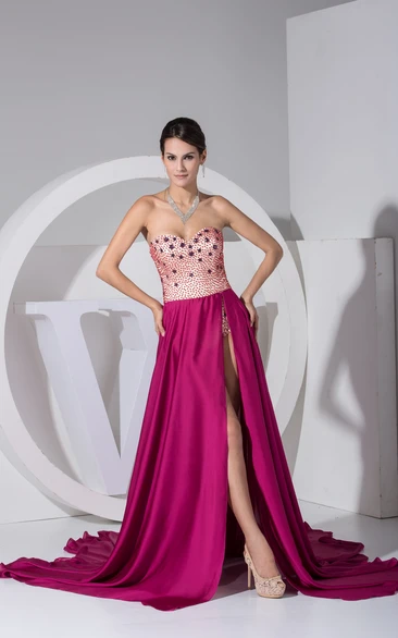 Sweetheart Sleeveless Beaded Dress With Slit and Brush Train