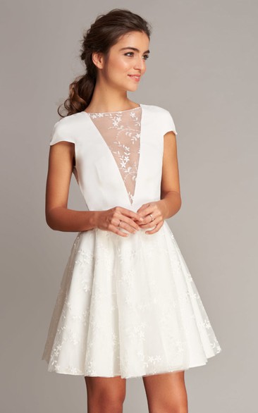 Casual Jewel Satin Lace A Line Short Sleeve Short Wedding Dress with V Back