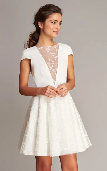 Casual Jewel Satin Lace A Line Short Sleeve Short Wedding Dress with V Back