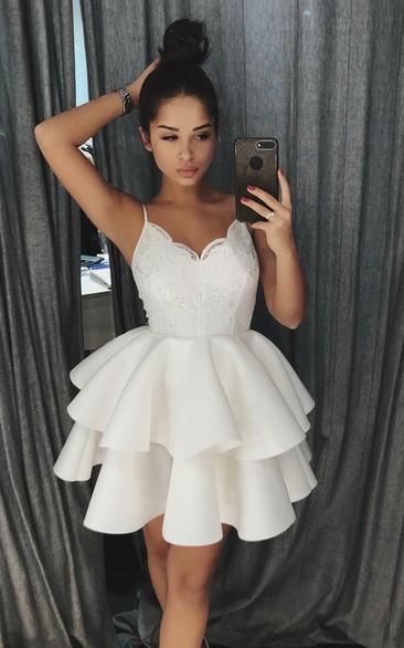 Sexy Spaghetti Peplum Ruffled Mini Skirt Lace Homecoming Dress