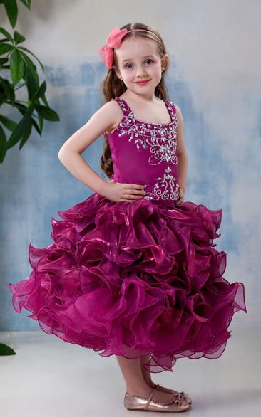 Adorable Embroidered Tea-Length Flower Girl Dress With Ruffles