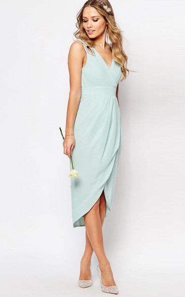 Sheath High-Low Sleeveless Criss-Cross V-Neck Chiffon Bridesmaid Dress