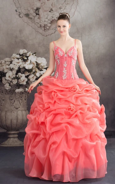 Spaghetti-Strap Ruffled Spaghetti Straps and Ball-Gown With Appliques