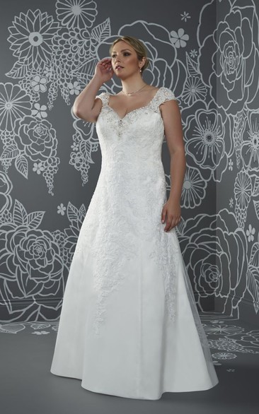 A-Line Floor-Length V-Neck Cap Satin Court Train Lace-Up Back Appliques Dress