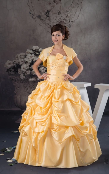 Strapless Pick-Up Ruched Bolero and Ball-Gown With Bow