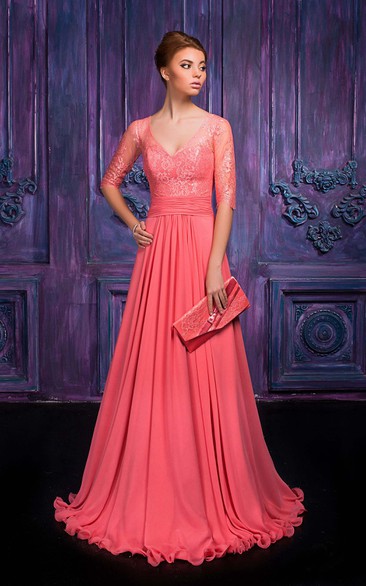 A-line Floor-length V-neck Half Sleeve Chiffon Illusion Dress