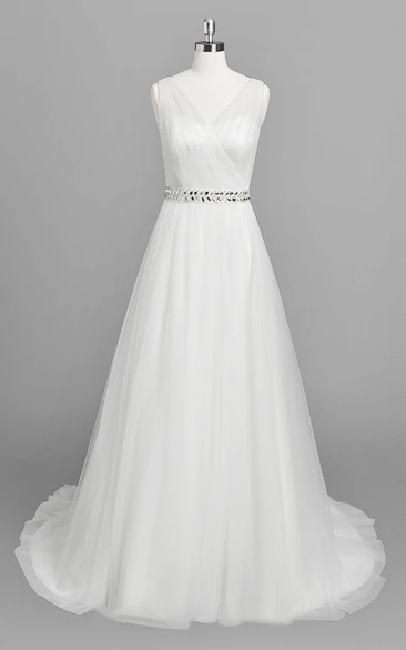 V-neck Sleeveless A-line Tulle Wedding Dress With Beaded Waist