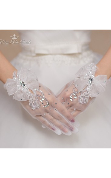 The New Crystal Gauze White Bow Short Gloves