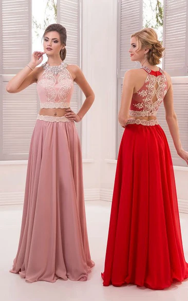 A-Line Floor-Length Sweep High-Neck Sleeveless Chiffon Beading Appliques Illusion Dress