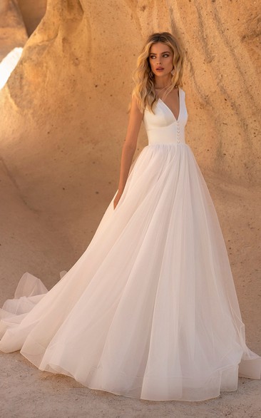 Sleeveless V-neck With Button Details And V-back Tulle A-line Wedding Dress
