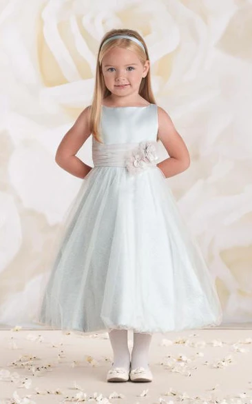 Flower Girl Bateau Empire Satin Gown With Tulle Skirt