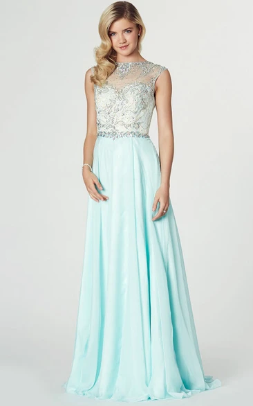 Maxi Sleeveless Beaded Jewel Neck Chiffon Prom Dress