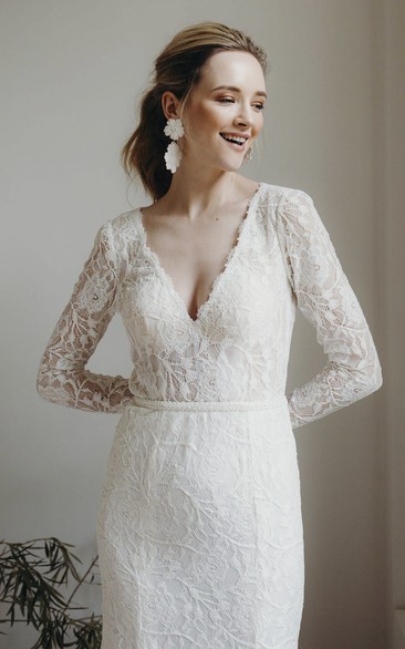 Plunging V-neck Sexy Sheath Lace Long Sleeve Wedding Dress With Keyhole Back