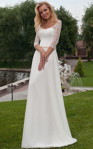 Appliqued 3-4 Sleeve Scoop Neck Chiffon Wedding Dress