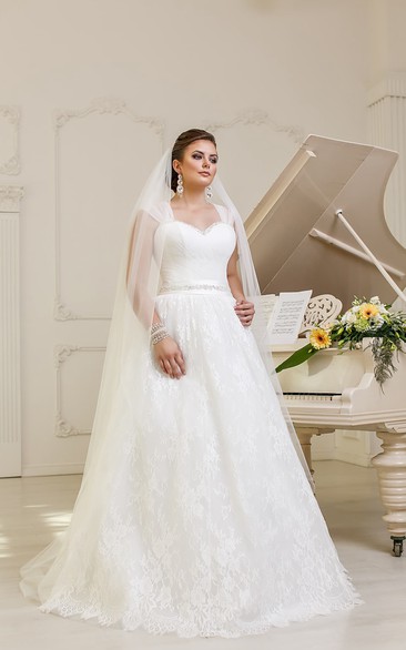 Sleeveless A-line Lace Wedding Dress With Ruching And Beaded Waist