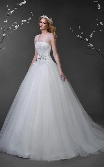 Ball Gown Maxi Sleeveless Lace-Up Tulle Dress With Appliques And Beading