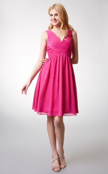 Chic Top-ruched V-neck A-line Flowy Chiffon Dress