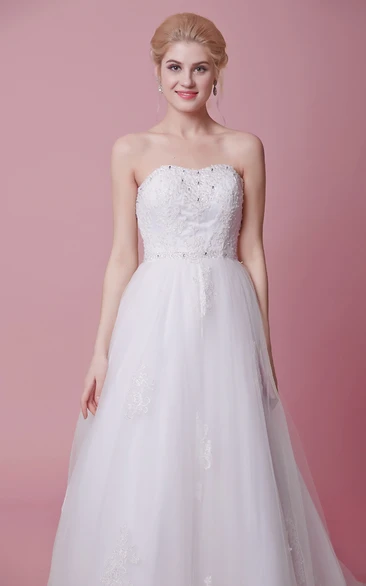 A-Line Strapless Lace-Appliqued Tulle Dress With Beaded Bodice