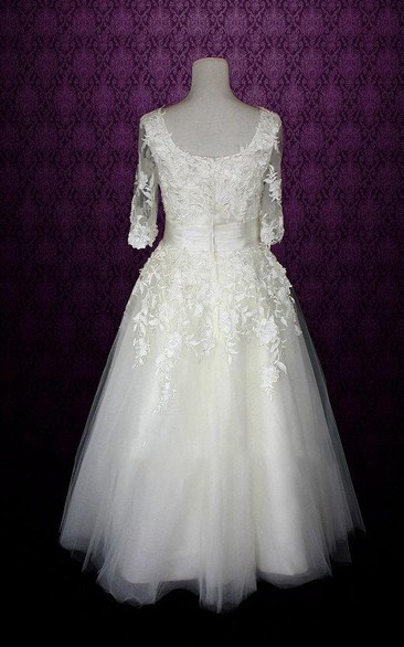 V-Neck Half Sleeve Low-V Back Tulle Wedding Dress With Sash And Appliques