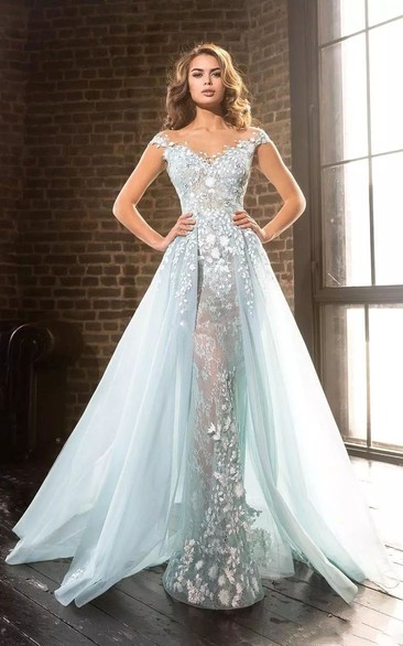 Ethereal Romantic Floor-length V-neck Lace Tulle A-Line Cap Sleeveless Zipper Deep-V Back Appliques Evening Dress