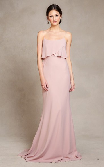 Floor-Length Sleeveless Spaghetti Chiffon Bridesmaid Dress With Brush Train