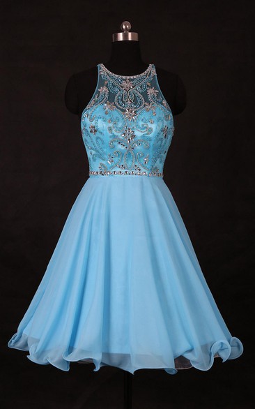 Mini Sleevelss Chiffon Dress With Beading And Keyhole Back