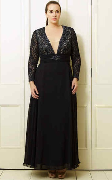 A-Line V-Neck Long-Sleeve Ankle-Length Lace&Chiffon Plus Size Prom Dress