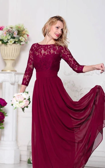 Bateau Lace Illusion 3-4 Sleeve A-line Pleated Chiffon Floor Length Dress