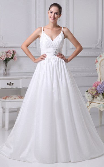 Spaghetti-Strap A-Line Plunged Pleats and Gown With Broach