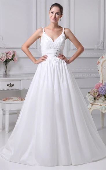 Spaghetti-Strap A-Line Plunged Pleats and Gown With Broach