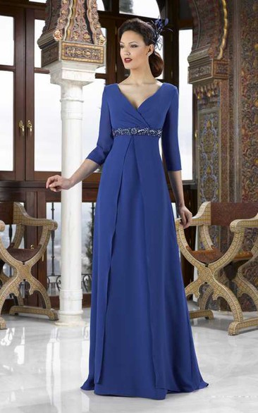 Empire 3-4 Sleeve Jeweled V-Neck Chiffon Mother Of The Bride Dress