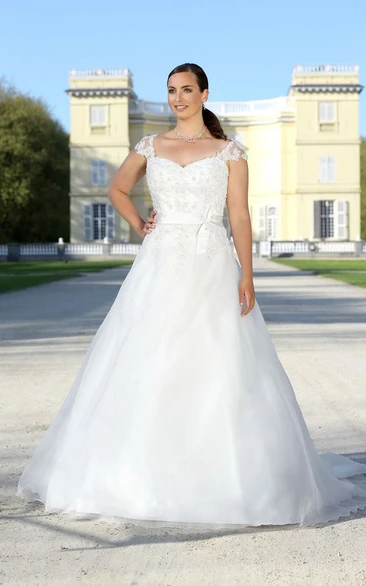 A-Line Floor-Length V-Neck Cap Satin Bow Appliques Sweep Train Illusion Bow Dress