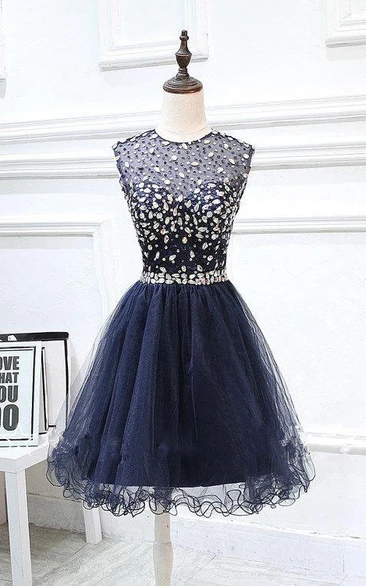 Short Tulle Beaded Dress With Keyhole Back