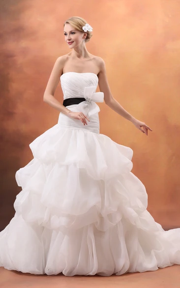 Strapless Pick-Up Ruffled Gown With Ruching and Bowed Ribbon