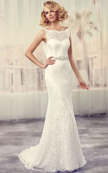 Maxi Bateau Jeweled Lace Wedding Dress With Sweep Train And V Back