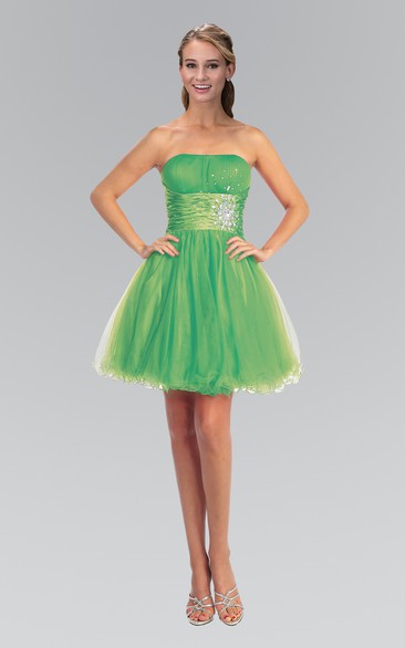 A-Line Mini Strapless Sleeveless Tulle Corset Back Dress With Ruffles And Beading