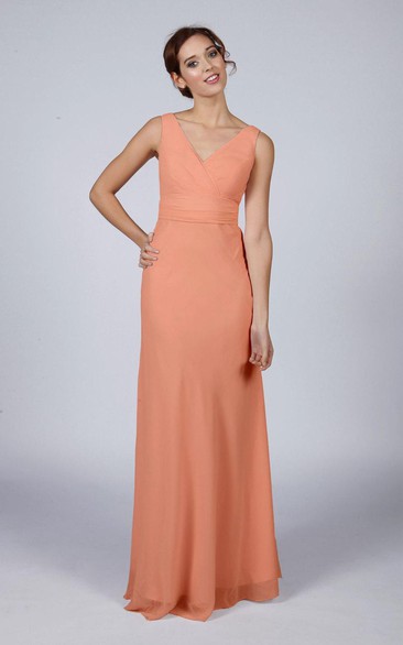 V Neck V Back A-line Chiffon Long Dress Peach