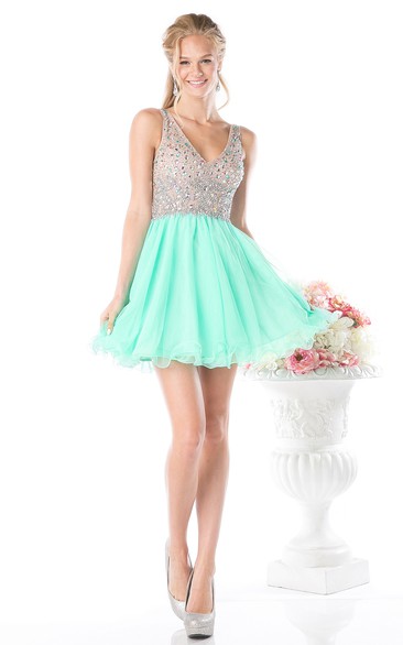 A-Line Short V-Neck Sleeveless Deep-V Back Dress With Ruffles And Beading