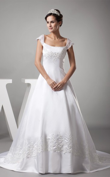 Caped-Sleeve A-Line Satin Gown With Appliques