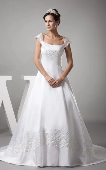 Caped-Sleeve A-Line Satin Gown With Appliques