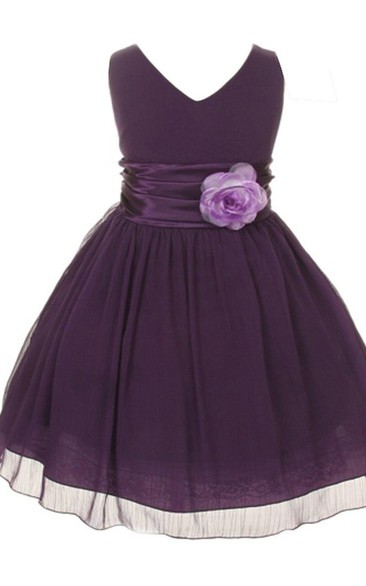 Sleeveless V-neck A-line Dress With Flower and Pleats