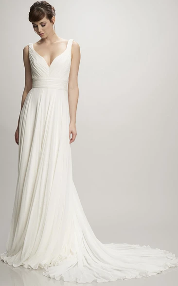 Long V-Neck Ruched Chiffon Wedding Dress With Court Train And V Back